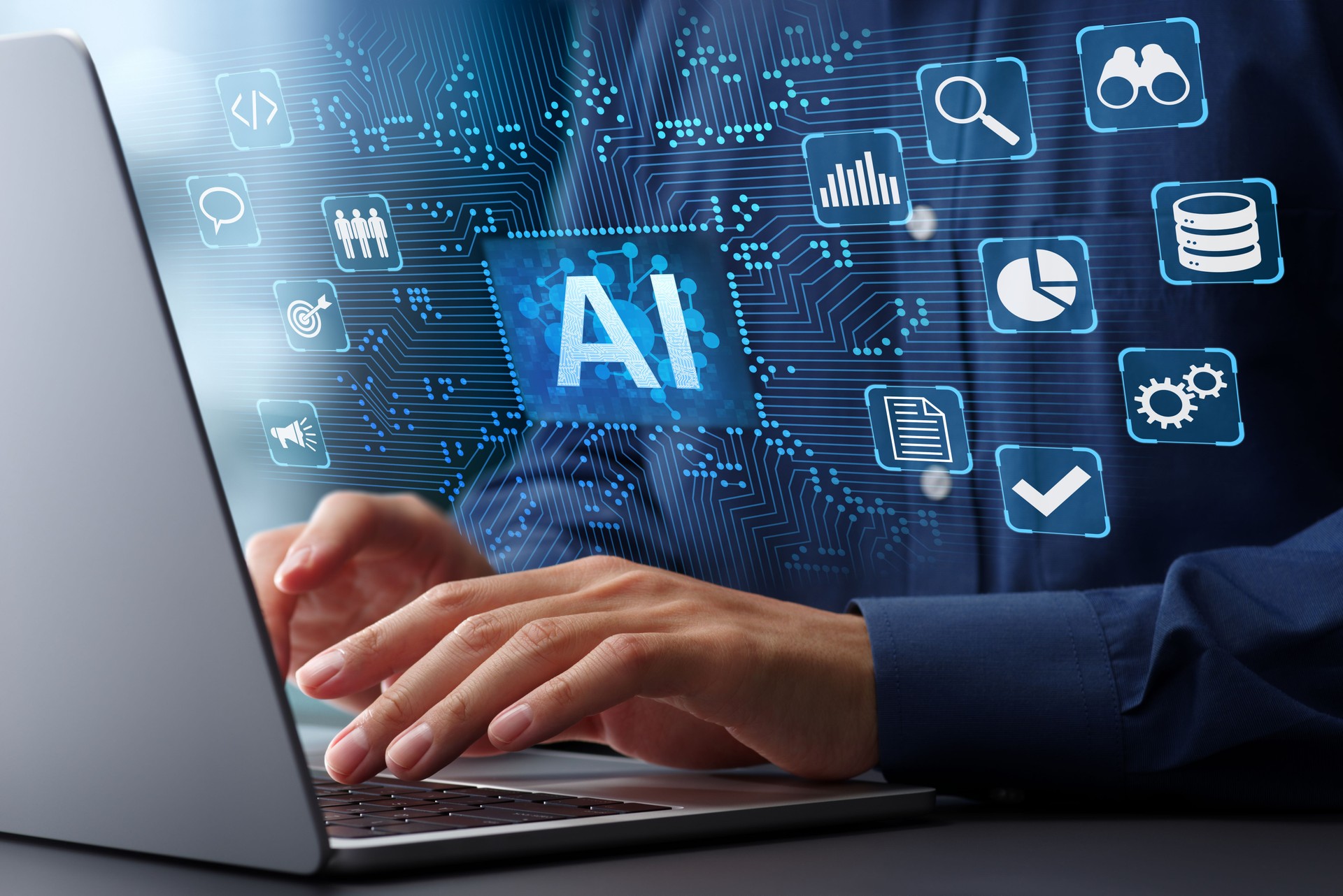 Generative AI analyzing business data automatically. Intelligent automation technology. Artificial intelligence icon and electronic circuit.