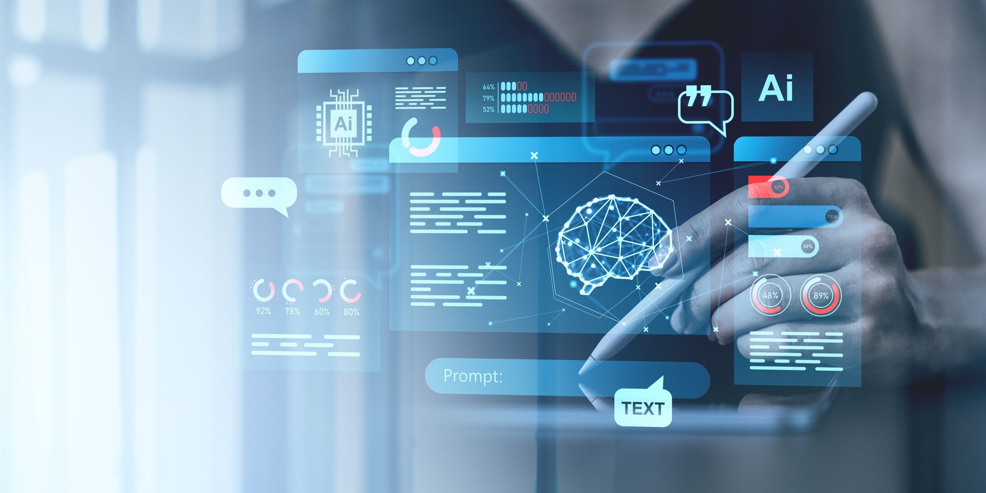 Digital interface with AI elements and holographic visuals.