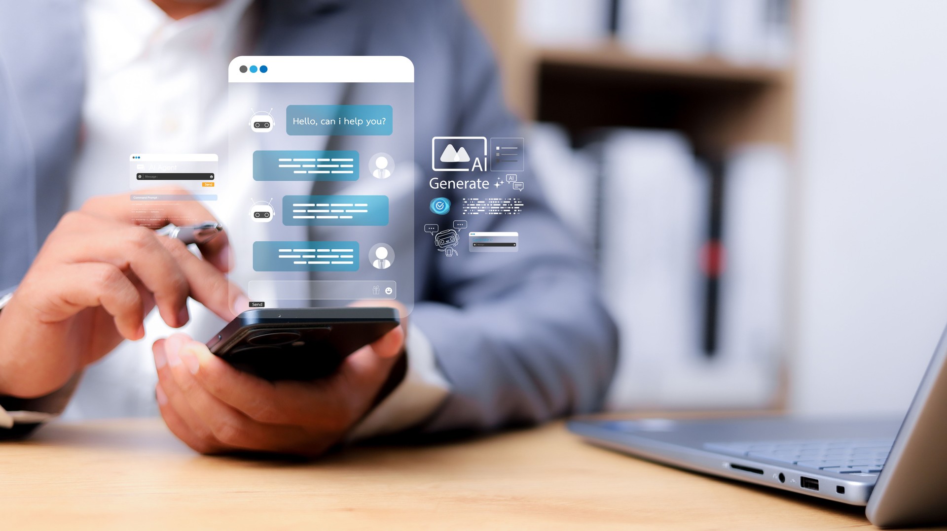 Chat with AI or Artificial Intelligence. Young businessman chatting with a smart AI or artificial intelligence using an artificial intelligence chatbot developed by OpenAI.