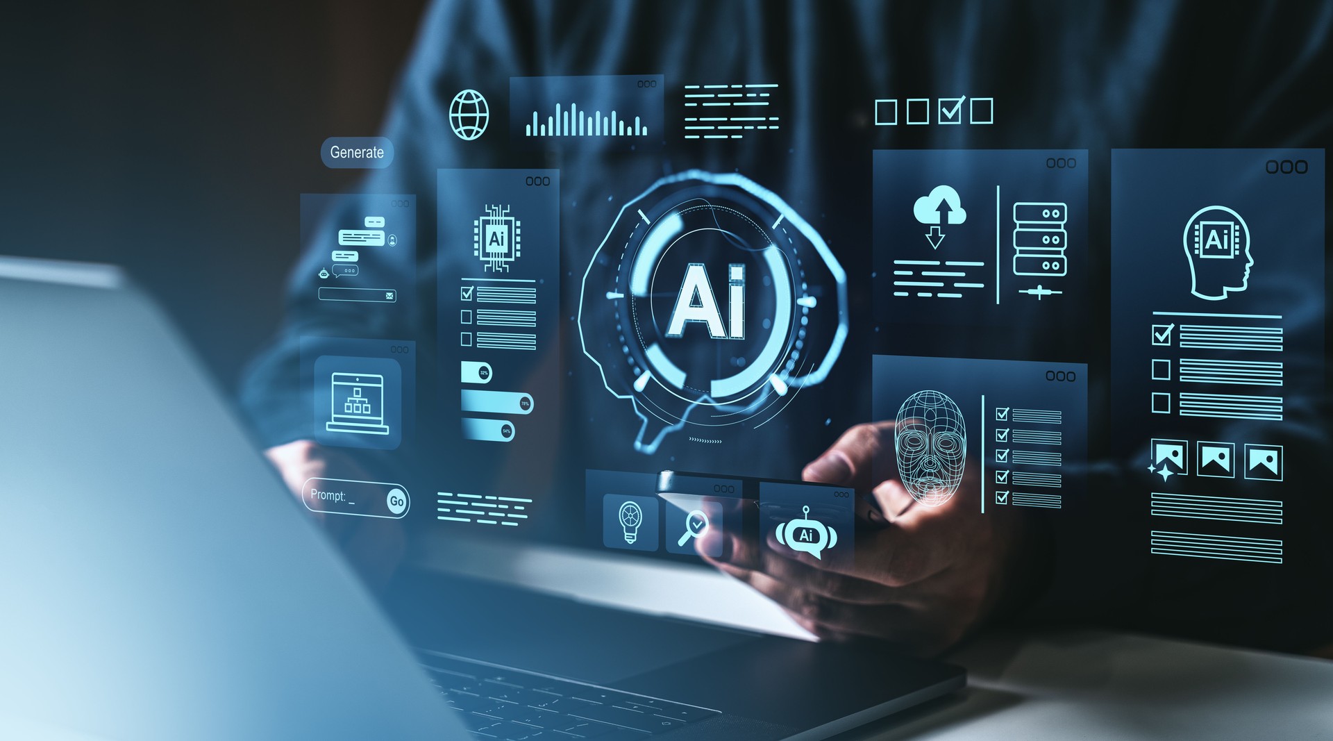 AI technology interface for automating digital business processes and future innovation with holographic displays over laptop and smartphone in hand.